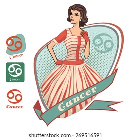 Vector zodiac signs set for horoscope with retro girls and flat icons collection. Cancer