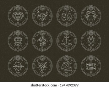 Señales de zodiaco vectorial fijadas. Símbolos zodiacales, elementos astrológicos.