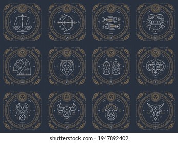 Vector Zodiac Signs Set. Zodiacal Symbols, Astrology Elements.