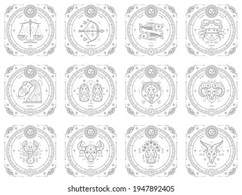 Vector zodiac signs set. Zodiacal symbols, astrology elements.