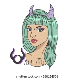 Vector zodiac signs. Woman taurus. Hand drawn illustration. Horoscope .