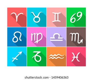Vector Zodiac square flat icons with long shadows. Bright colorful icon set on white background