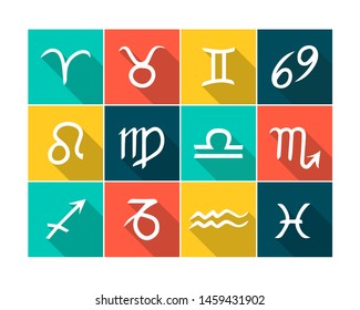 Vector Zodiac square flat icons with long shadows. Colorful icon set on white background