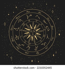 Vektorzodiakrad auf dem Hintergrund des Sternenhimmels. Astrologische Zeichen und Symbole.Designelemente für die Dekoration im modernen Stil. magische Zeichnungen. Moderner Vektordruck.