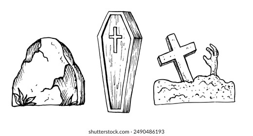 Vector zombie arms sticking out of the ground, gravestone in a cemetery. Hand painted linear wooden coffin with a cross illustration. Graphic monochrome crooked cross art for tattoo, symbol of death, 