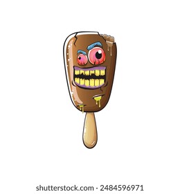 Vector Zombie chocolate ice cream with brain and red eyes isolated on transparent white background. Halloween chocolate monster ice cream zombie character. Monster ice cream