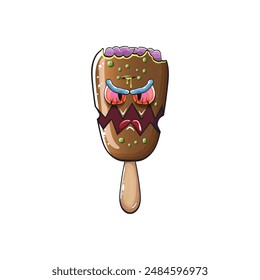 Vector Zombie chocolate ice cream with brain and red eyes isolated on transparent white background. Halloween chocolate monster ice cream zombie character. Monster ice cream