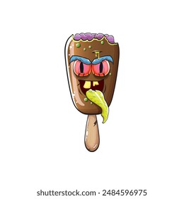 Vector Zombie chocolate ice cream with brain and red eyes isolated on transparent white background. Halloween chocolate monster ice cream zombie character. Monster ice cream