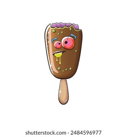 Vector Zombie chocolate ice cream with brain and red eyes isolated on transparent white background. Halloween chocolate monster ice cream zombie character. Monster ice cream