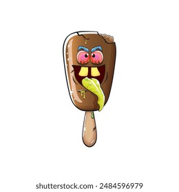 Vector Zombie chocolate ice cream with brain and red eyes isolated on transparent white background. Halloween chocolate monster ice cream zombie character. Monster ice cream