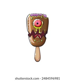 Vector Zombie chocolate ice cream with brain and red eyes isolated on transparent white background. Halloween chocolate monster ice cream zombie character. Monster ice cream