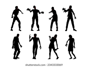 Vector zombie collection in silhouette style. Many action. Illustration about the bloody monsters crowd form virus outbreak. Halloween element.