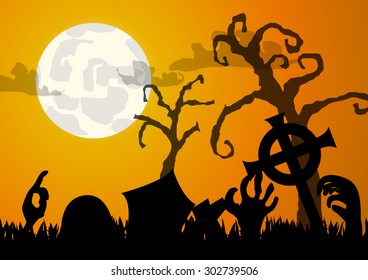Vector : Zombie hand and graveyard halloween background