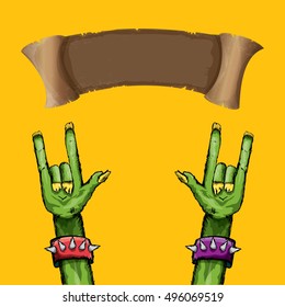 vector Zombie hand shows rock n roll gesture, hand drawn vector illustration. vector Zombie party halloween background