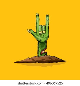 vector Zombie hand shows rock n roll gesture, hand drawn vector illustration. vector Zombie party halloween background