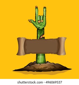 vector Zombie hand shows rock n roll gesture, hand drawn vector illustration. vector Zombie party halloween background