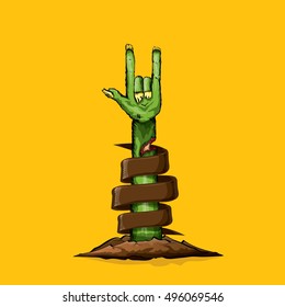 vector Zombie hand shows rock n roll gesture, hand drawn vector illustration. vector Zombie party halloween background