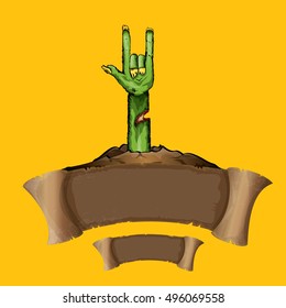 vector Zombie hand shows rock n roll gesture, hand drawn vector illustration. vector Zombie party halloween background