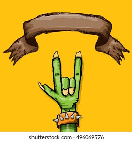 vector Zombie hand shows rock n roll gesture, hand drawn vector illustration. vector Zombie party halloween background