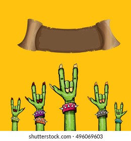 vector Zombie hand shows rock n roll gesture, hand drawn vector illustration. vector Zombie party halloween background
