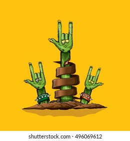 vector Zombie hand shows rock n roll gesture, hand drawn vector illustration. vector Zombie party halloween background