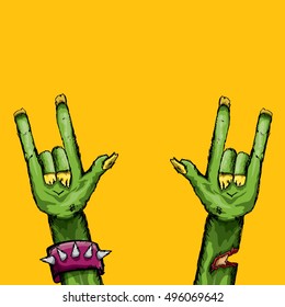 vector Zombie hand shows rock n roll gesture, hand drawn vector illustration. vector Zombie party halloween background