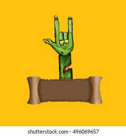 vector Zombie hand shows rock n roll gesture, hand drawn vector illustration. vector Zombie party halloween background