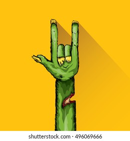 vector Zombie hand shows rock n roll gesture, hand drawn vector illustration. vector Zombie party halloween background
