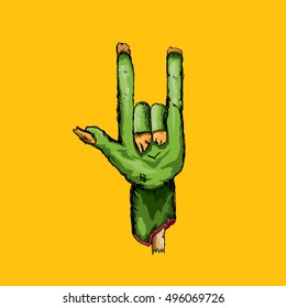 vector Zombie hand shows rock n roll gesture, hand drawn vector illustration. vector Zombie party halloween background