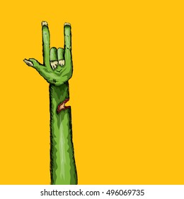 vector Zombie hand shows rock n roll gesture, hand drawn vector illustration. vector Zombie party halloween background