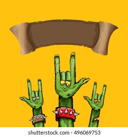 vector Zombie hand shows rock n roll gesture, hand drawn vector illustration. vector Zombie party halloween background