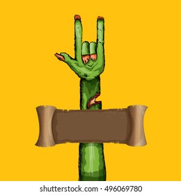 vector Zombie hand shows rock n roll gesture, hand drawn vector illustration. vector Zombie party halloween background