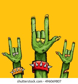 vector Zombie hand shows rock n roll gesture, hand drawn vector illustration. vector Zombie party halloween background