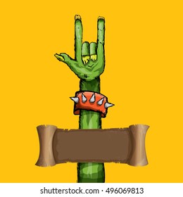 vector Zombie hand shows rock n roll gesture, hand drawn vector illustration. vector Zombie party halloween background