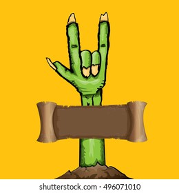 vector Zombie hand shows rock n roll gesture, hand drawn vector illustration. vector Zombie party halloween background
