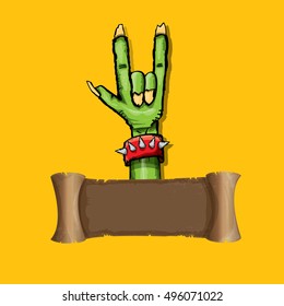 vector Zombie hand shows rock n roll gesture, hand drawn vector illustration. vector Zombie party halloween background
