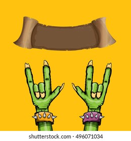 vector Zombie hand shows rock n roll gesture, hand drawn vector illustration. vector Zombie party halloween background