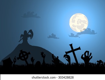 Vector : Zombie hands graveyard and death with halloween background