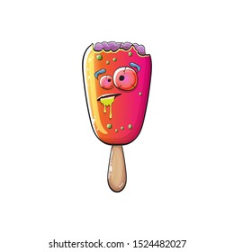 Vector Zombie ice cream with brain and red eyes isolated on white background. Halloween pink ice cream zombie character.