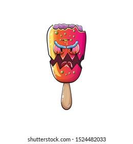 Vector Zombie ice cream with brain and red eyes isolated on white background. Halloween pink ice cream zombie character.