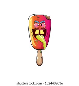 Vector Zombie ice cream with brain and red eyes isolated on white background. Halloween pink ice cream zombie character.