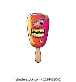 Vector Zombie ice cream with brain and red eyes isolated on white background. Halloween pink ice cream zombie character.