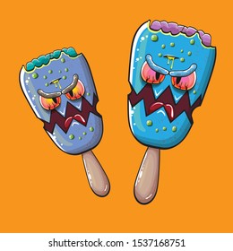 Vector Zombie ice cream with brain and red eyes isolated on orange background. Halloween blue monster ice cream zombie character.