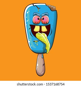 Vector Zombie ice cream with brain and red eyes isolated on orange background. Halloween blue monster ice cream zombie character.