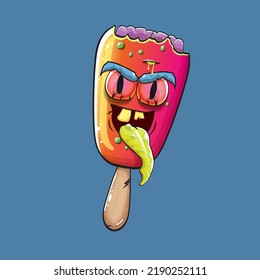 Vector Zombie ice cream with brain and red eyes isolated on blue background. Halloween pink ice cream zombie character.