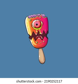 Vector Zombie ice cream with brain and red eyes isolated on blue background. Halloween pink ice cream zombie character.