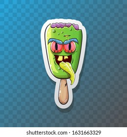 Vector Zombie ice cream sticker with brain and red eyes isolated on trasparent  background. Cartoon Halloween green monster ice cream zombie character.