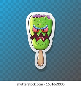 Vector Zombie ice cream sticker with brain and red eyes isolated on trasparent  background. Cartoon Halloween green monster ice cream zombie character.