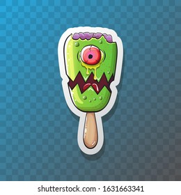 Vector Zombie ice cream sticker with brain and red eyes isolated on trasparent  background. Cartoon Halloween green monster ice cream zombie character.