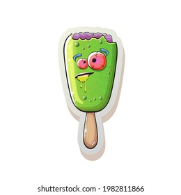 Vector Zombie ice cream sticker with brain and red eyes isolated on white background. Cartoon Halloween or summer green monster ice cream zombie character.